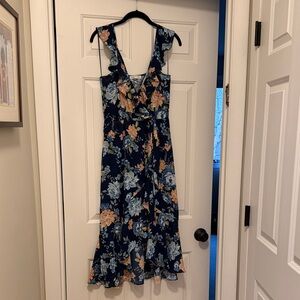 Socialite Navy Floral V-Neck Tie-Waist Midi Dress